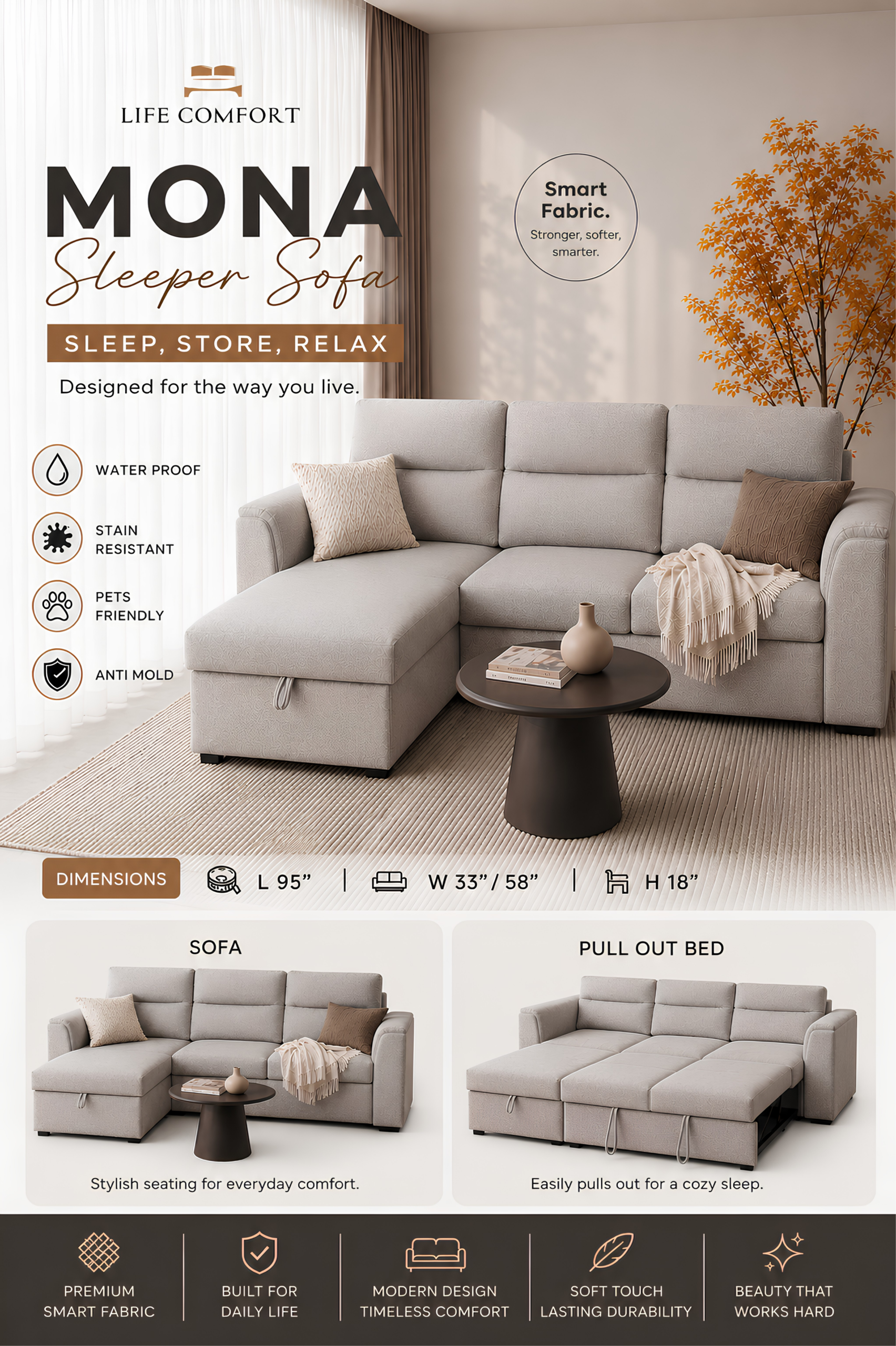 Mona Sleeper Sofa bed, Storage - Image 7