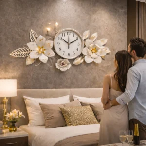 Large Metal Floral Silver Wall Clock, Elegant Horizontal Wall Art, Above the Bed, Couch, Living Room Decor