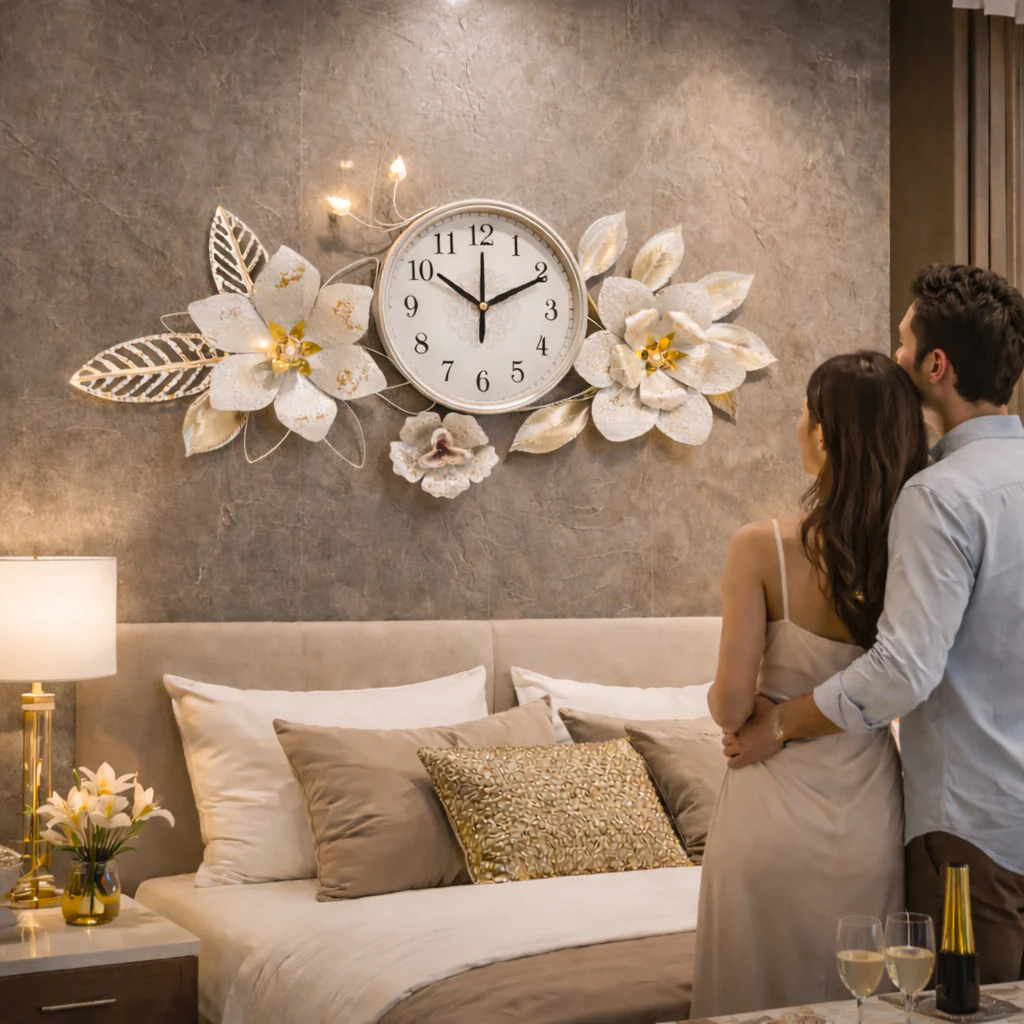 Large Metal Floral Silver Wall Clock, Elegant Horizontal Wall Art, Above the Bed, Couch, Living Room Decor