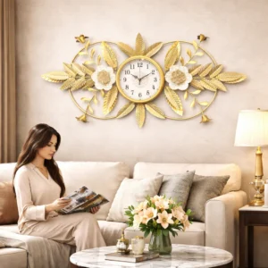 Large Metal Floral Decorative Gold Wall Clock for Living Room, Office Reception, Cafe, Hotel Decor Accent