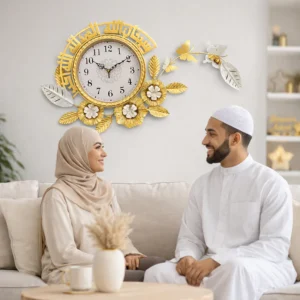 Large Metal Islamic Floral Gold Wall Clock With Butterfly, Muslim Ramadan Decorative Clock for Living Room Prayer Room