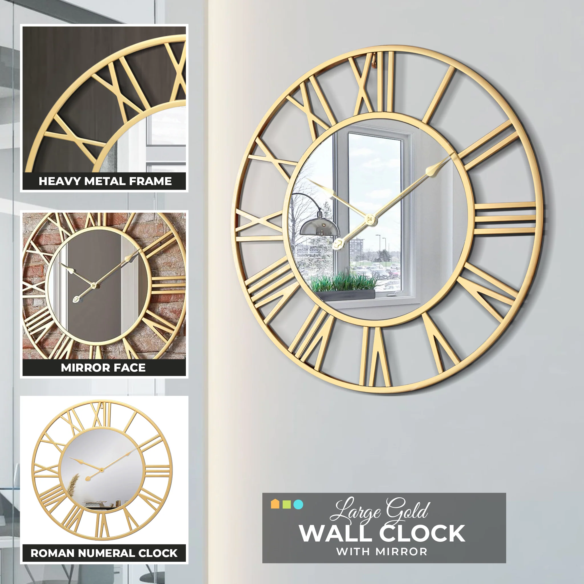 Large Golden Wall Clock with Mirror, 24" Silent Roman Clock, Heavy Metal, Living Room Wall Decor - Image 7
