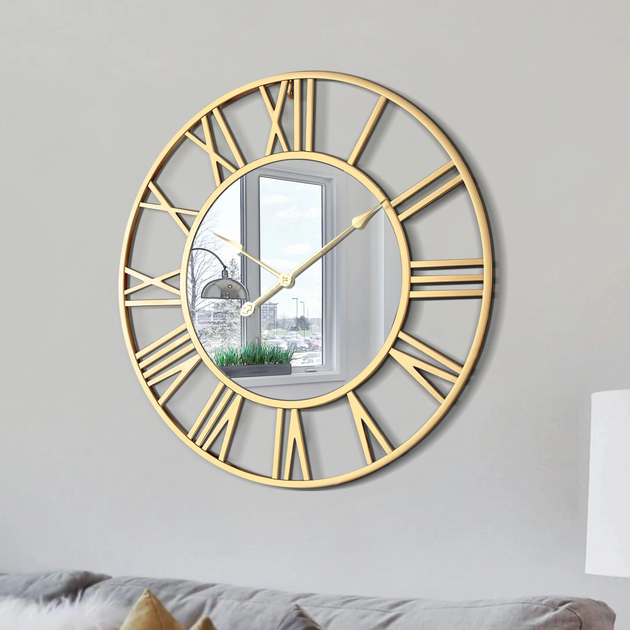Large Golden Wall Clock with Mirror, 24" Silent Roman Clock, Heavy Metal, Living Room Wall Decor - Image 3