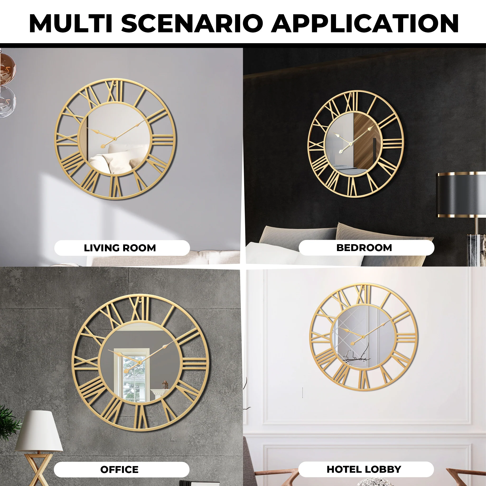 Large Golden Wall Clock with Mirror, 24" Silent Roman Clock, Heavy Metal, Living Room Wall Decor - Image 5