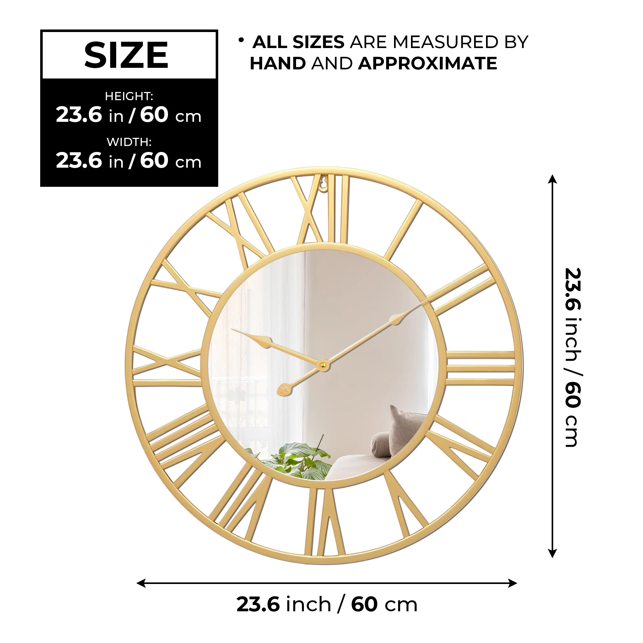 Large Golden Wall Clock with Mirror, 24" Silent Roman Clock, Heavy Metal, Living Room Wall Decor - Image 2