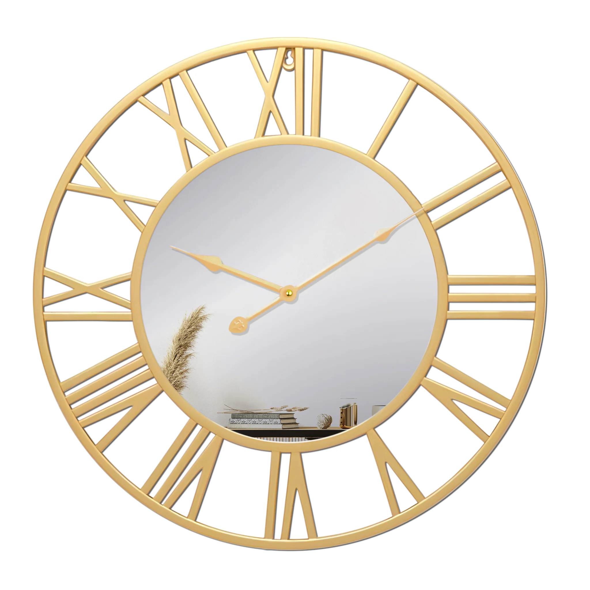 Large Golden Wall Clock with Mirror, 24" Silent Roman Clock, Heavy Metal, Living Room Wall Decor - Image 6