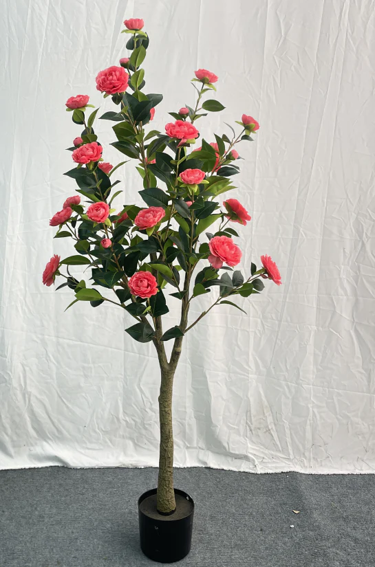 Artificial Flowering Tree, 5 ft Tall Fake Pink Camellia Tree Plant in Cement Base, Indoor Decor for Home or Office, Gift - Image 2