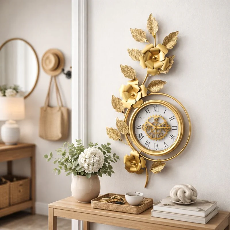 Large Gold Metal Wall Clock, Floral Botanical Silent Clock, 42 inch Vertical Horizontal Orientation - Image 2