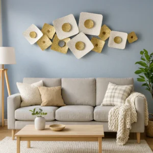 Large White and Gold Metal Wall Sculpture, Modern Geometric Horizontal Wall Art, 126×53 cm Home Office Decor