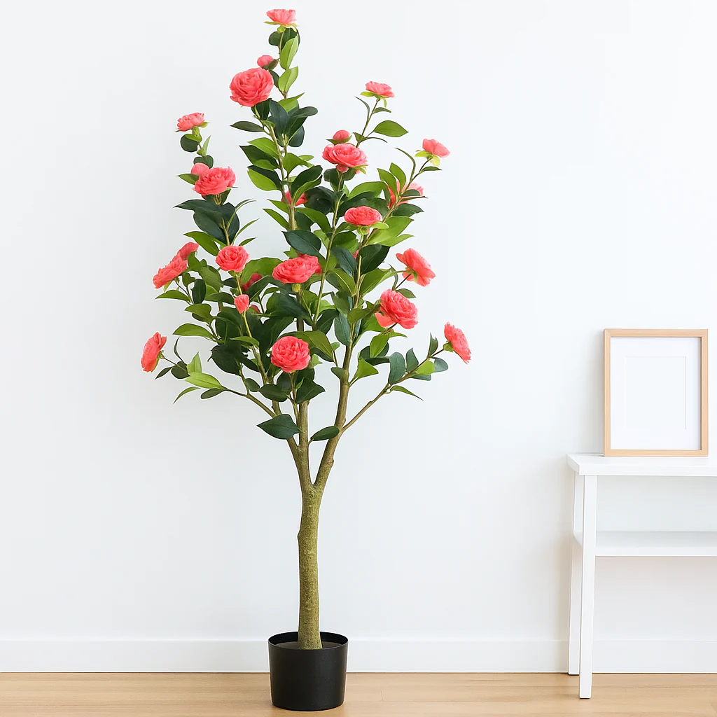 Artificial Flowering Tree, 5 ft Tall Fake Pink Camellia Tree Plant in Cement Base, Indoor Decor for Home or Office, Gift - Image 7