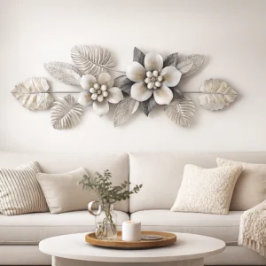 Large Metal Flower Wall Art, 3D Floral Wall Sculpture, Modern Botanical Decor with Silver & Gray Leaves, Textured Metal Wall Decor for Living Room, Bedroom, or Entryway