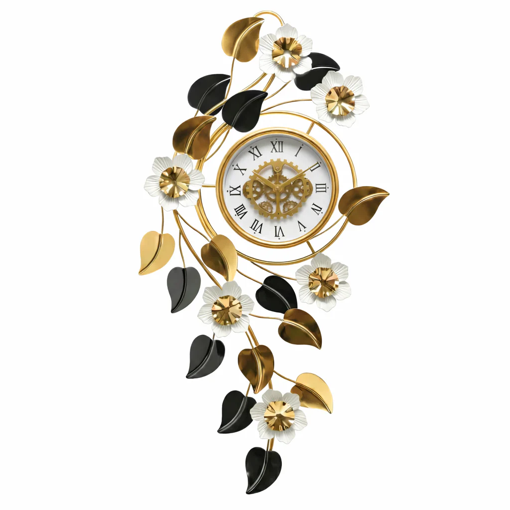Large Elegant Wall Clock with Quartz Movement, Gold White Silver Floral Design Horizontal or Vertical Modern Decorative Home Accent Clock - Image 3