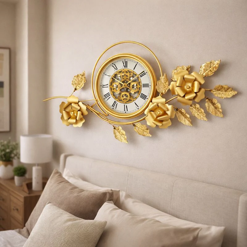 Large Gold Metal Wall Clock, Floral Botanical Silent Clock, 42 inch Vertical Horizontal Orientation