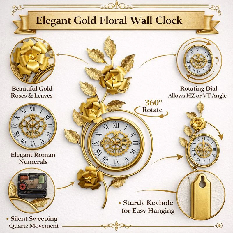 Large Gold Metal Wall Clock, Floral Botanical Silent Clock, 42 inch Vertical Horizontal Orientation - Image 5