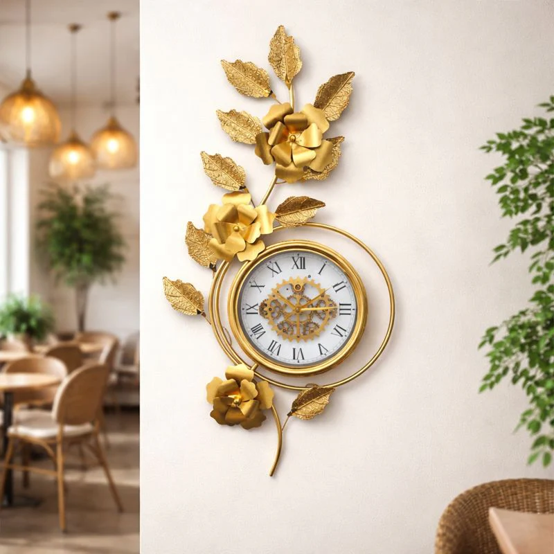 Large Gold Metal Wall Clock, Floral Botanical Silent Clock, 42 inch Vertical Horizontal Orientation - Image 3