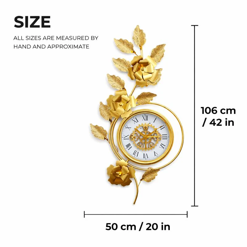 Large Gold Metal Wall Clock, Floral Botanical Silent Clock, 42 inch Vertical Horizontal Orientation - Image 6