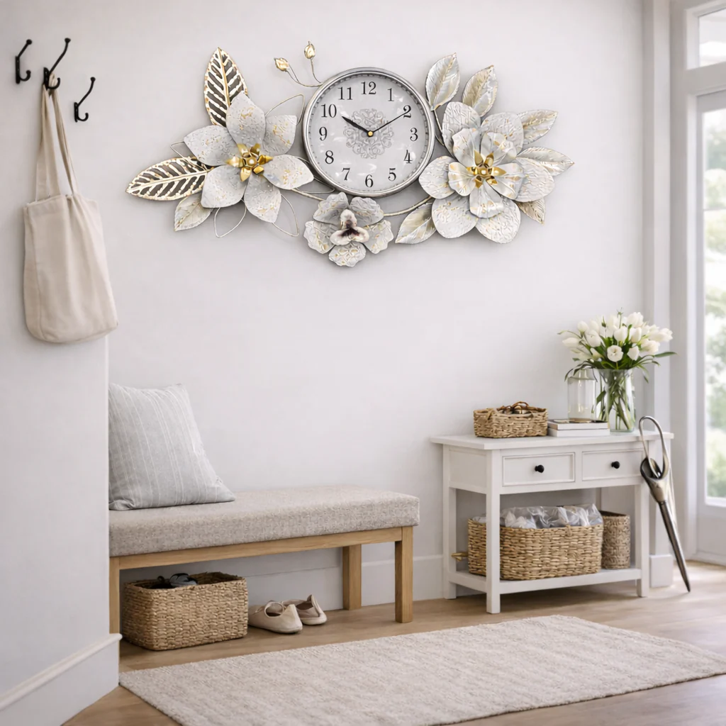 Large Metal Floral Silver Wall Clock, Elegant Horizontal Wall Art, Above the Bed, Couch, Living Room Decor - Image 6