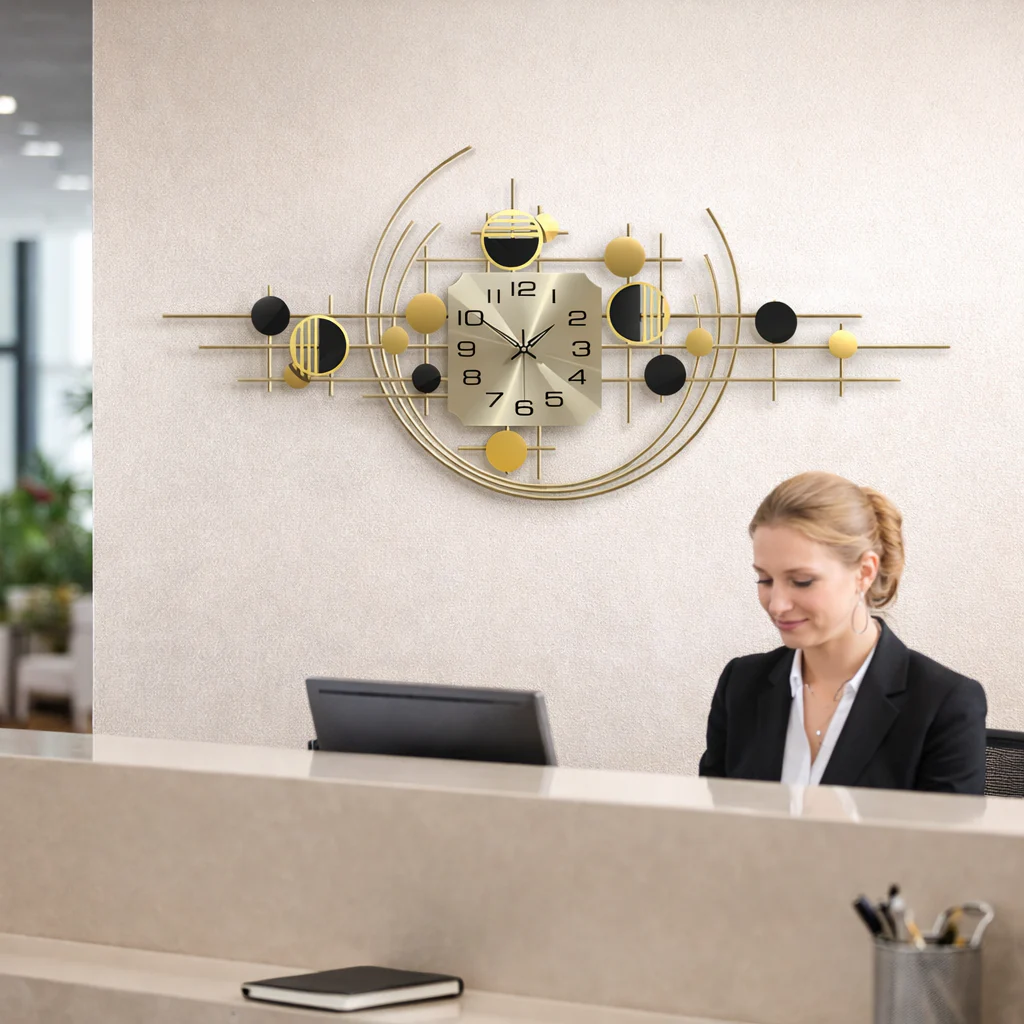 Large Decorative Metal Wall Clock, 40" Wide, Silent Gold Accent Home Office Decor