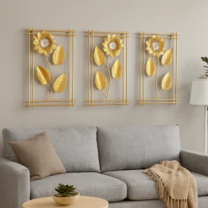 3 Piece Gold Flowers Metal Wall Decor Set, Elegant Floral Sculptures, 50cm Tall x 30cm Wide Panels Home Office Decor