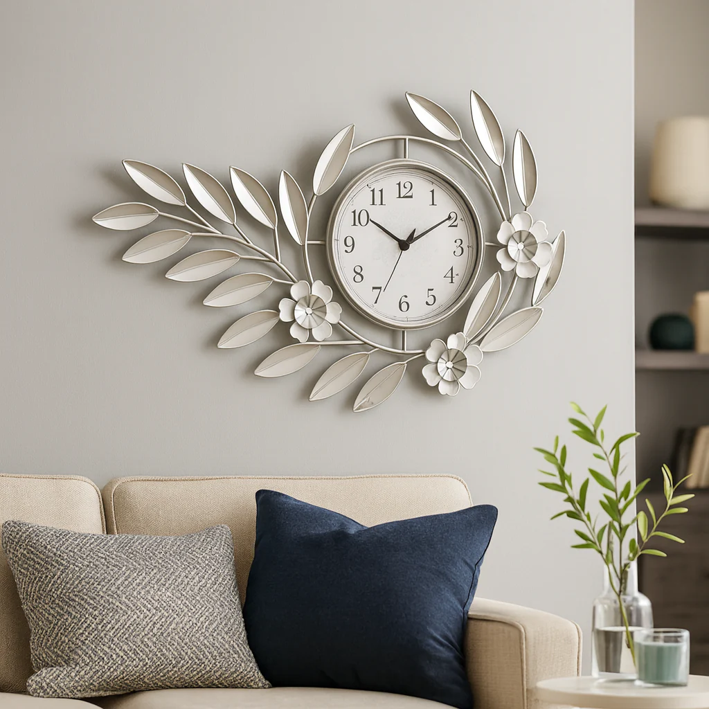 Large Silver Metal Wall Clock, Modern Floral Quartz Decor for Living Room & Home, Analog Decorative Clock - Image 4