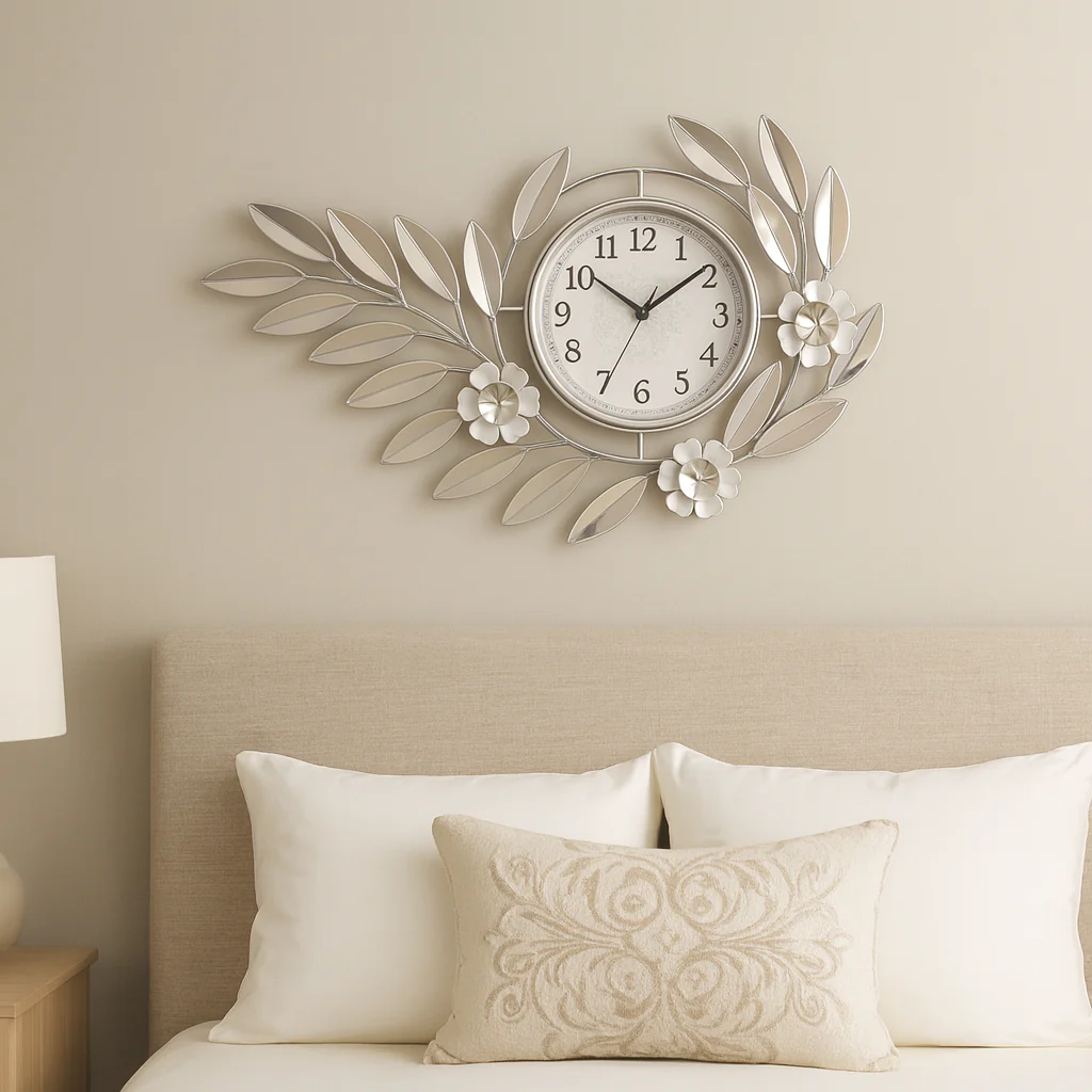 Large Silver Metal Wall Clock, Modern Floral Quartz Decor for Living Room & Home, Analog Decorative Clock - Image 2