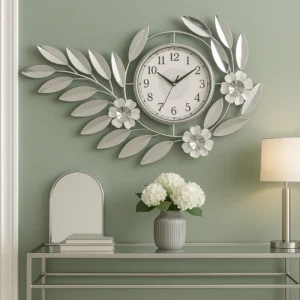 Large Silver Metal Wall Clock, Modern Floral Quartz Decor for Living Room & Home, Analog Decorative Clock