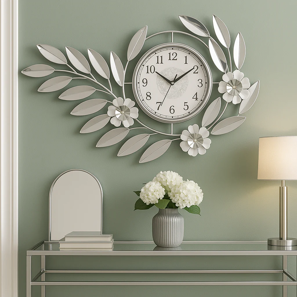 Large Silver Metal Wall Clock, Modern Floral Quartz Decor for Living Room & Home, Analog Decorative Clock