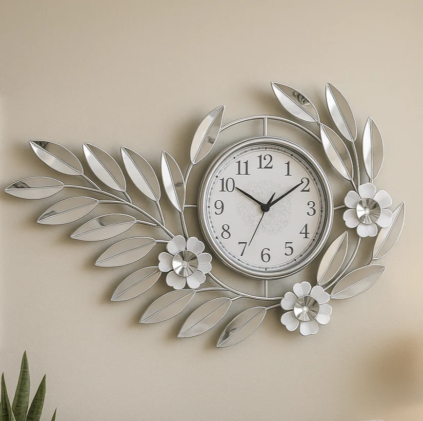 Large Silver Metal Wall Clock, Modern Floral Quartz Decor for Living Room & Home, Analog Decorative Clock - Image 3