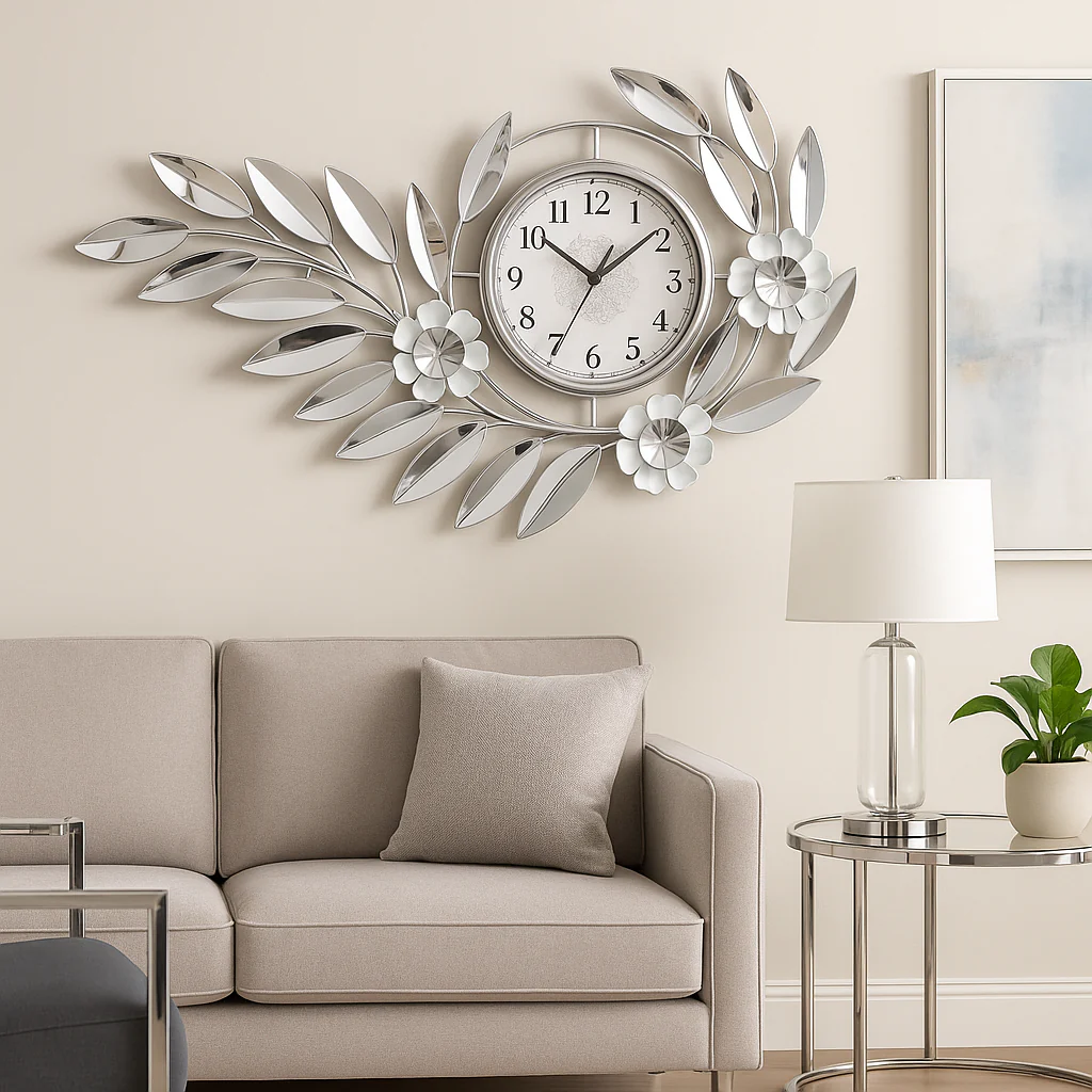 Large Silver Metal Wall Clock, Modern Floral Quartz Decor for Living Room & Home, Analog Decorative Clock - Image 7