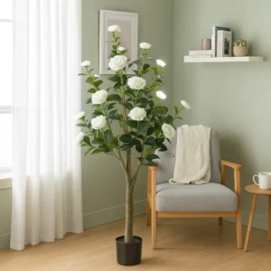 Faux Camellia Tree, 5 ft Tall Faux White Camellia Tree Plant in Cement Base, Indoor Decor for Home or Office, Housewarming Gift