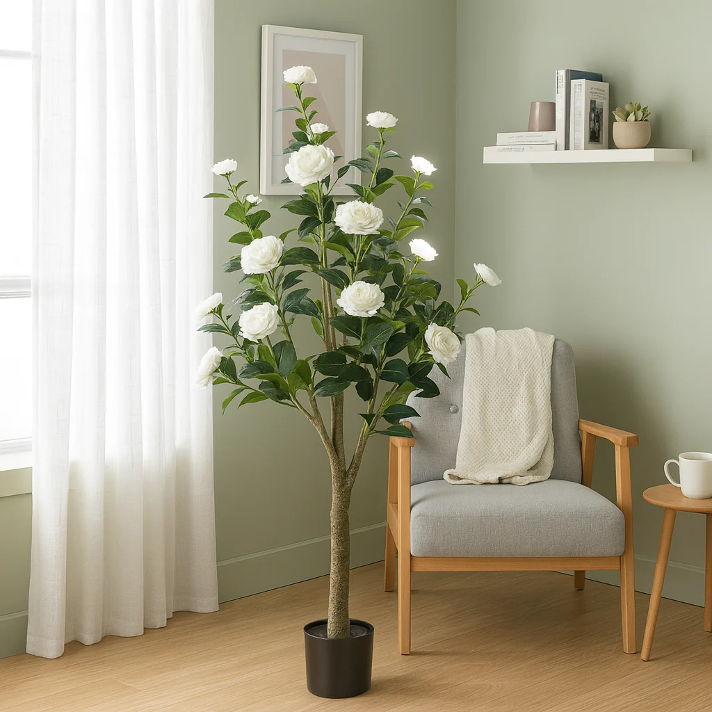Faux Camellia Tree, 5 ft Tall Faux White Camellia Tree Plant in Cement Base, Indoor Decor for Home or Office, Housewarming Gift