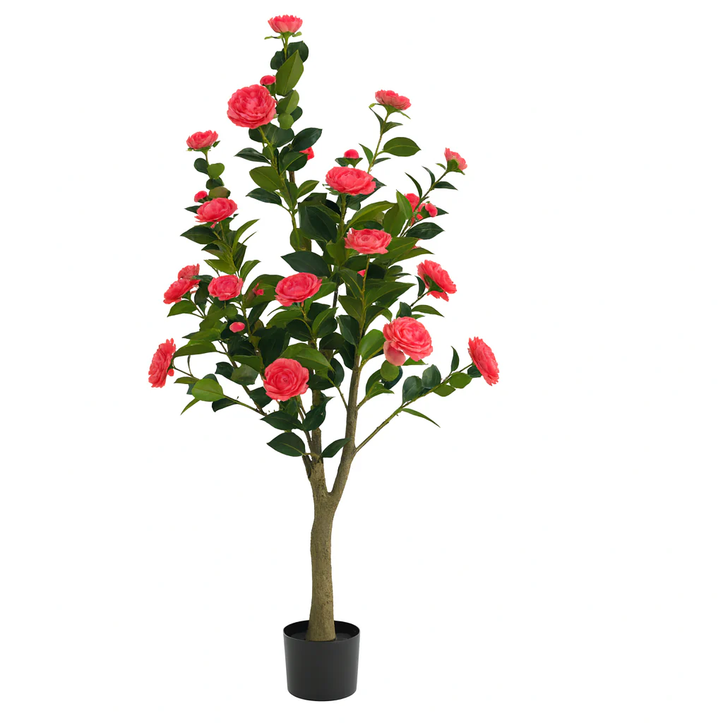 Artificial Flowering Tree, 5 ft Tall Fake Pink Camellia Tree Plant in Cement Base, Indoor Decor for Home or Office, Gift - Image 4