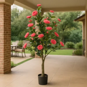 Artificial Flowering Tree, 5 ft Tall Fake Pink Camellia Tree Plant in Cement Base, Indoor Decor for Home or Office, Gift