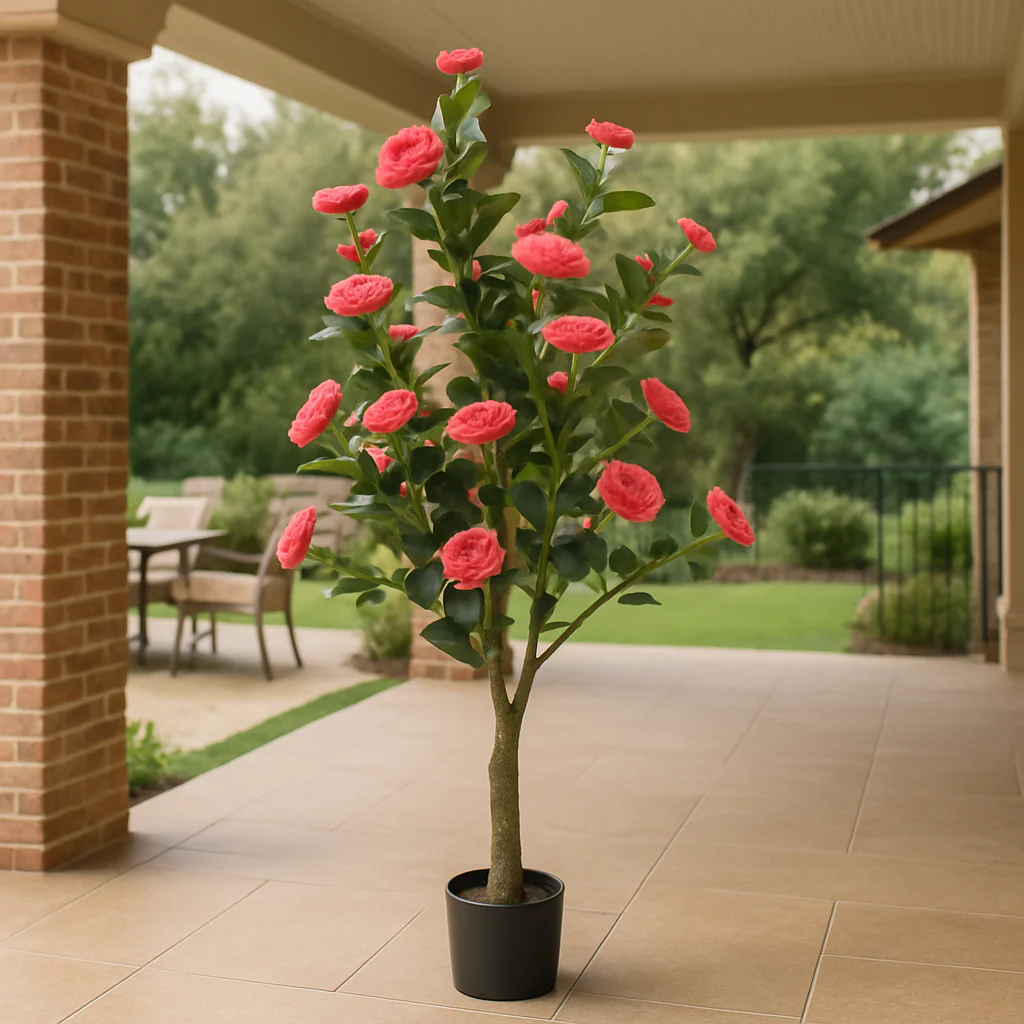 Artificial Flowering Tree, 5 ft Tall Fake Pink Camellia Tree Plant in Cement Base, Indoor Decor for Home or Office, Gift