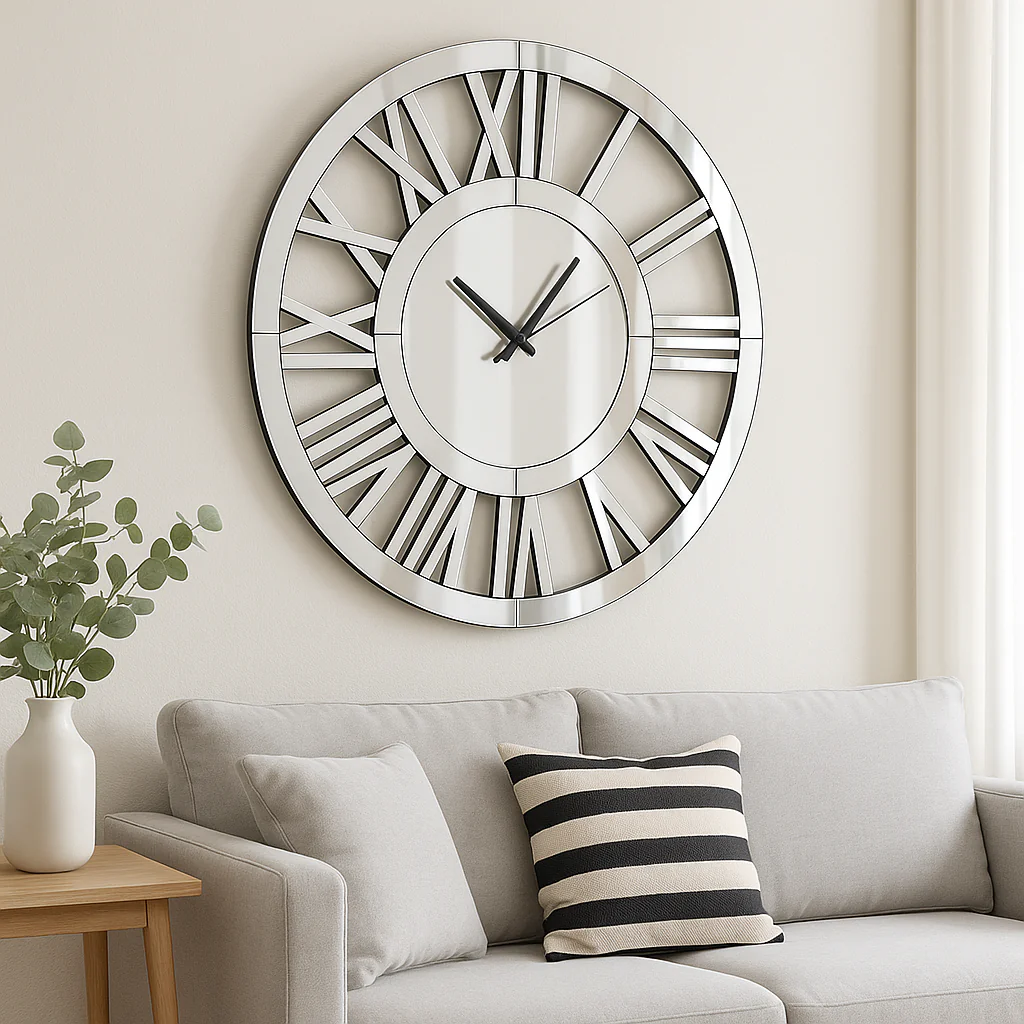 Large 60 cm Round Glass Mirror Wall Clock, Modern Roman Numeral Decorative Clock, Above Bed, Couch Decor, Gift