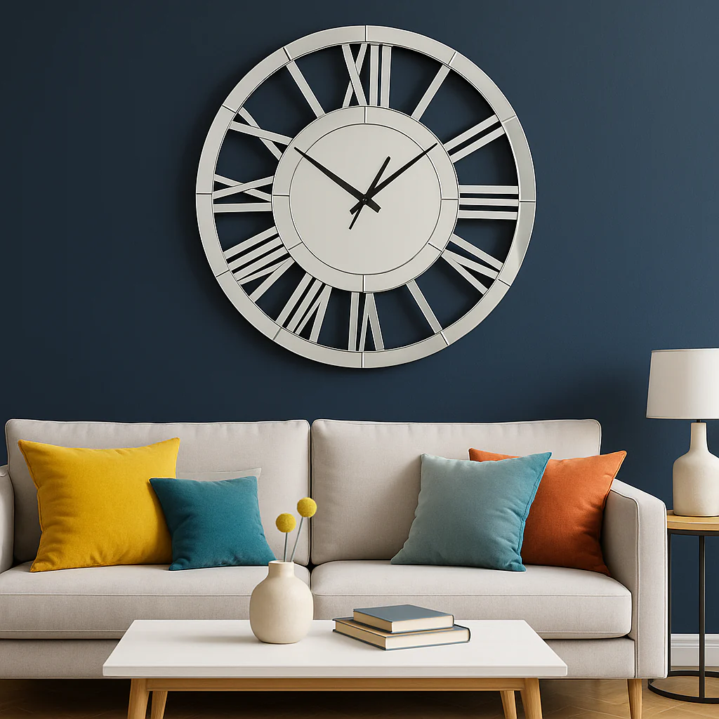 Large 60 cm Round Glass Mirror Wall Clock, Modern Roman Numeral Decorative Clock, Above Bed, Couch Decor, Gift - Image 3