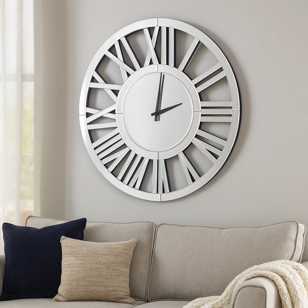 Large 60 cm Round Glass Mirror Wall Clock, Modern Roman Numeral Decorative Clock, Above Bed, Couch Decor, Gift - Image 2
