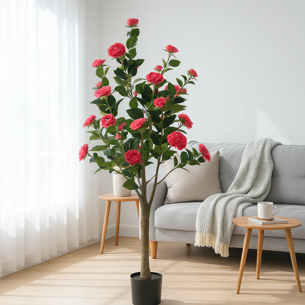 Artificial Flowering Tree, 5 ft Tall Fake Pink Camellia Tree Plant in Cement Base, Indoor Decor for Home or Office, Gift - Image 8