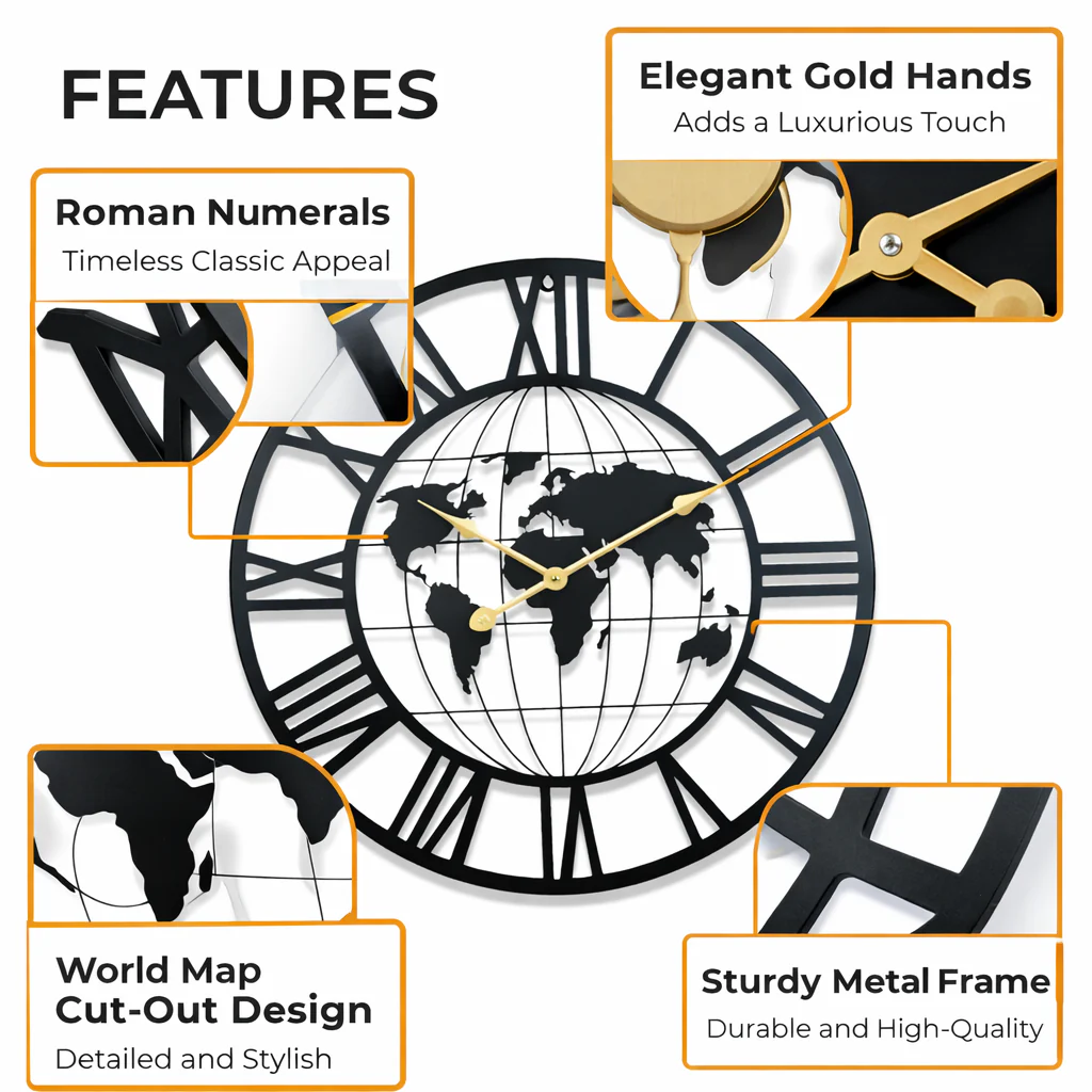 Round Metal Wall Clock, Black Embedded World Map, 24" Silent Roman Numeral Decorative Clock, Home Office Decor - Image 2