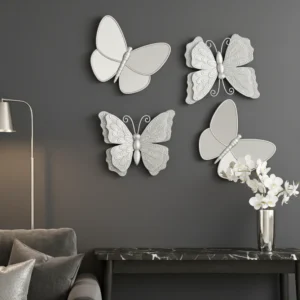 4 Piece Silver Butterfly Wall Decor Set, 3D Wall Sculpture & Mirrored Accents, Modern Glam Home Decor for Bedroom, Living Room, Nursery