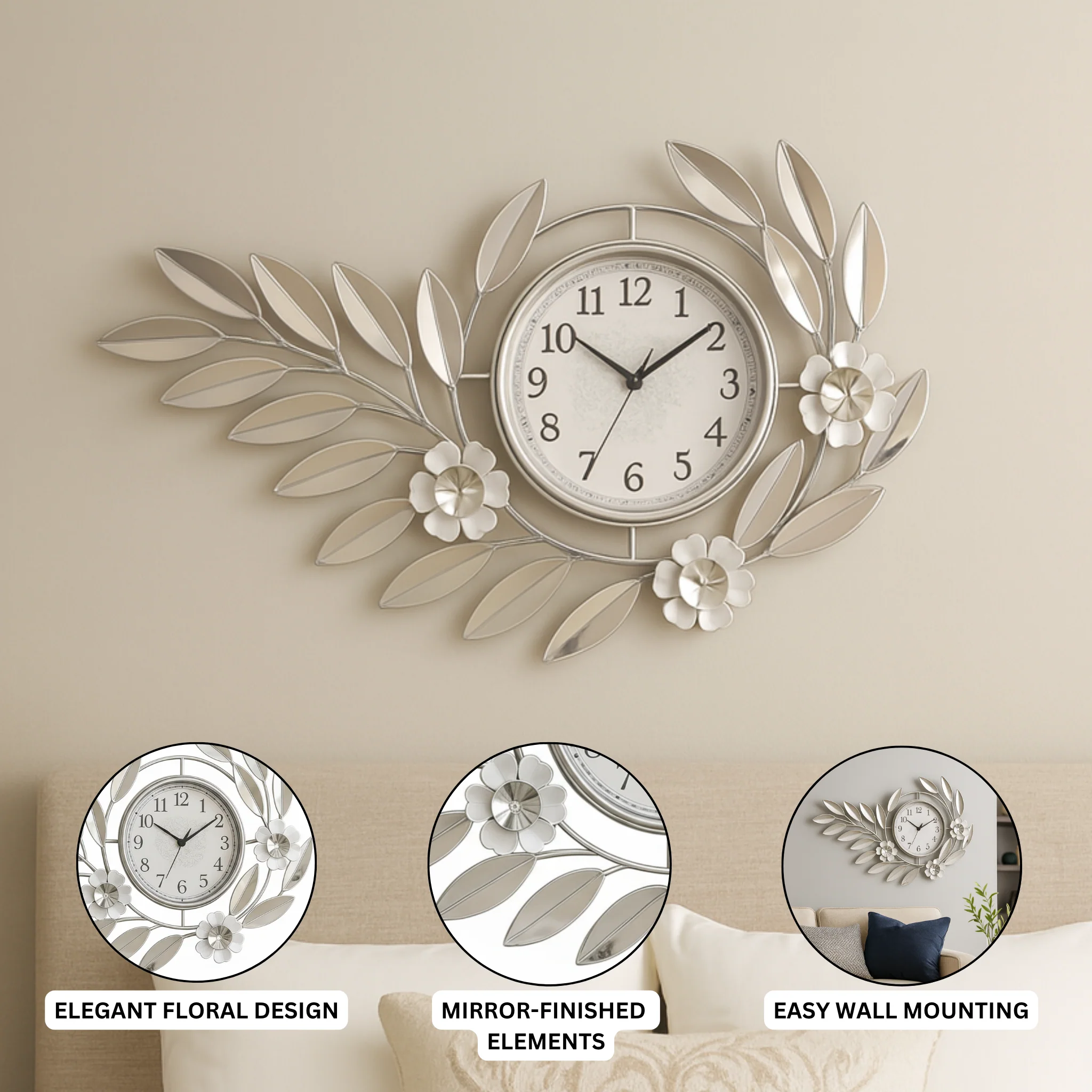 Large Silver Metal Wall Clock, Modern Floral Quartz Decor for Living Room & Home, Analog Decorative Clock - Image 6