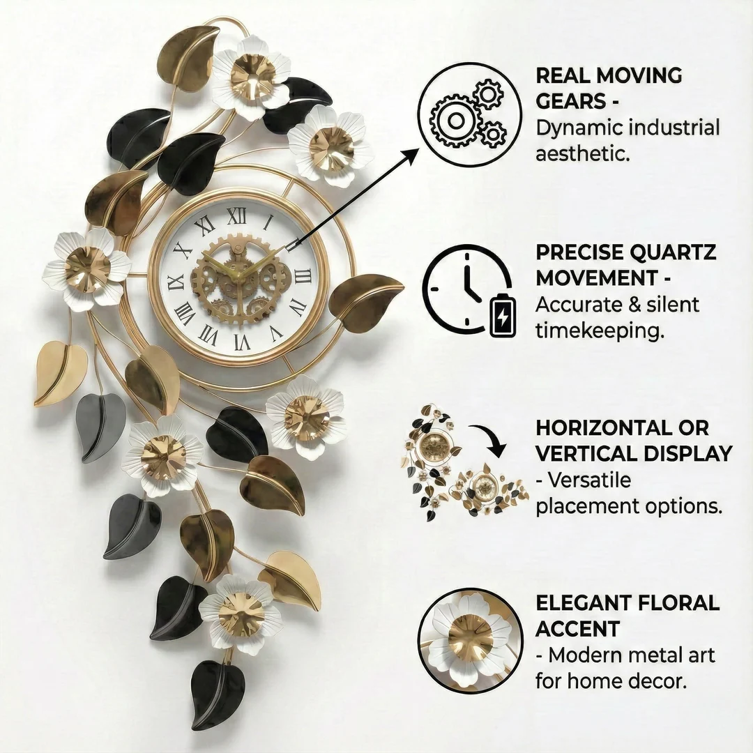 Large Elegant Wall Clock with Quartz Movement, Gold White Silver Floral Design Horizontal or Vertical Modern Decorative Home Accent Clock - Image 5