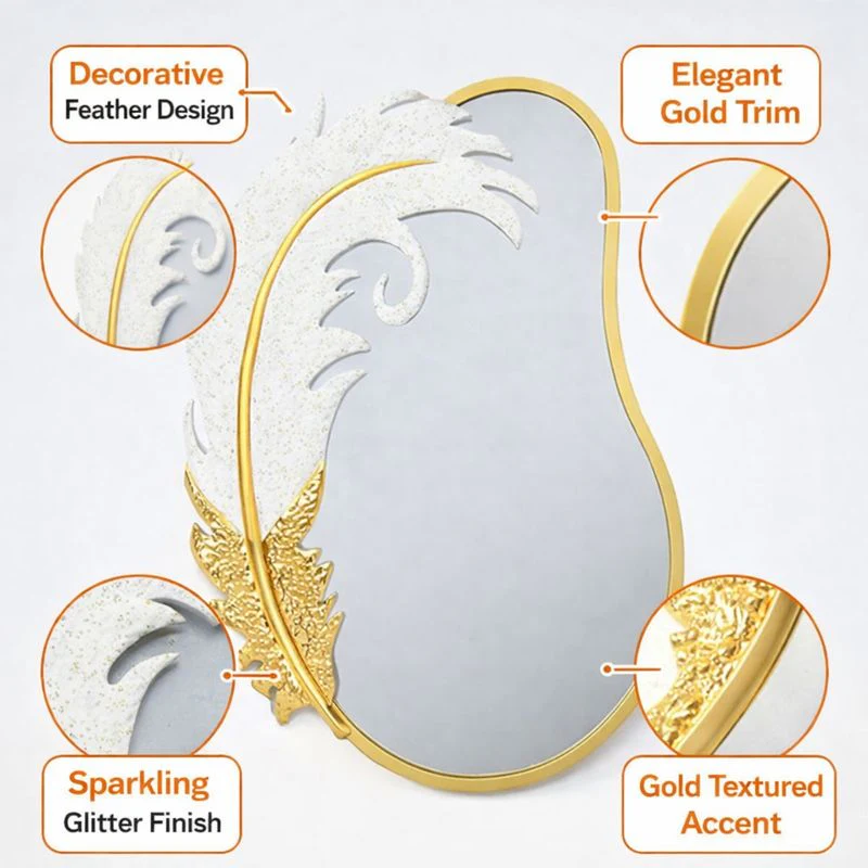 Decorative Metal Wall Mirror, Gold with White Feather, Glitter, 89 cm Asymmetrical Mirror Home Office Girl's Room Decor Gift - Image 5