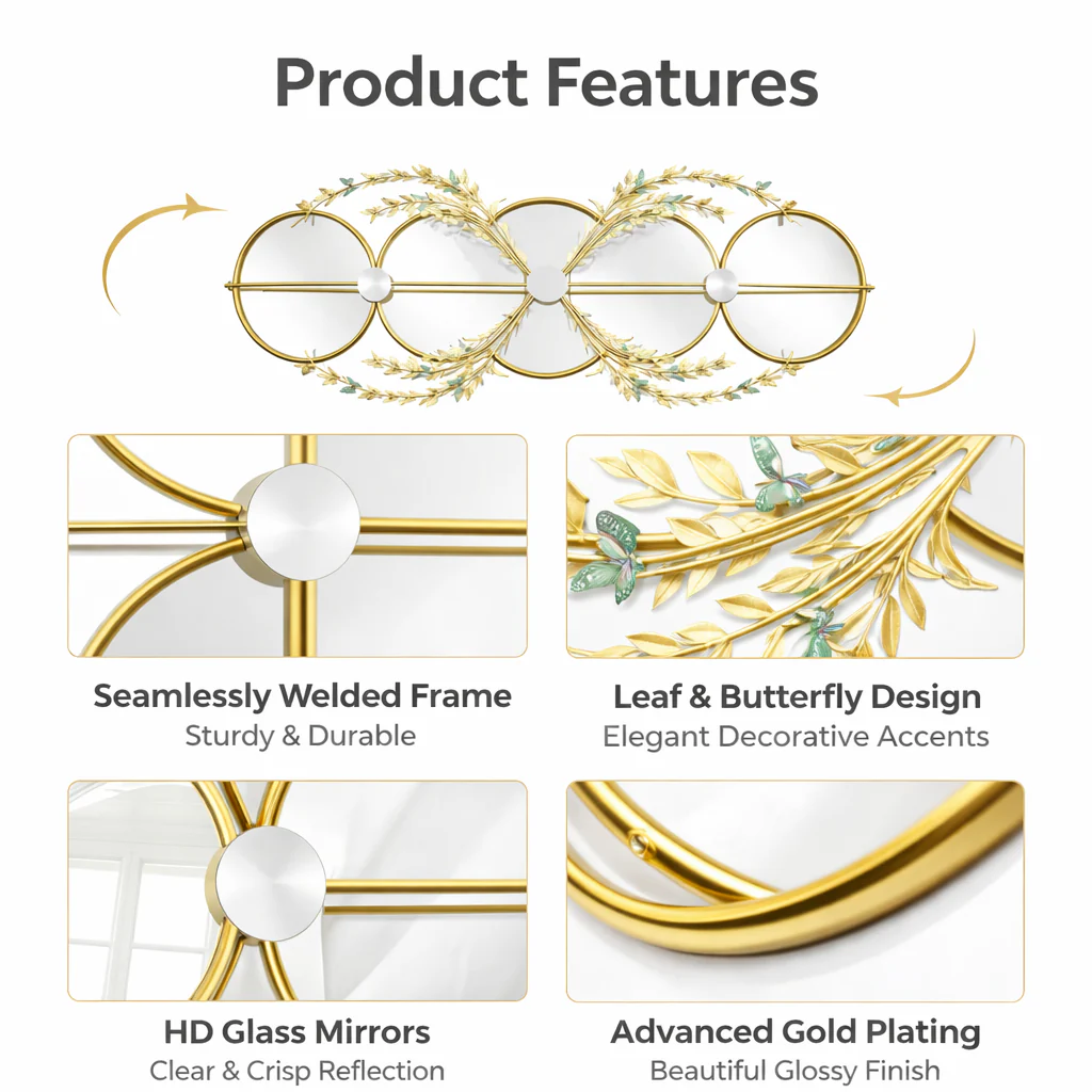 Large Decorative Butterfly Gold Metal Wall Mirror, Decorative Wall Art Home Office Living Room Entryway Decor - Image 4