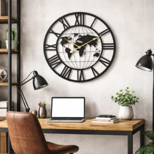 Round Metal Wall Clock, Black Embedded World Map, 24" Silent Roman Numeral Decorative Clock, Home Office Decor
