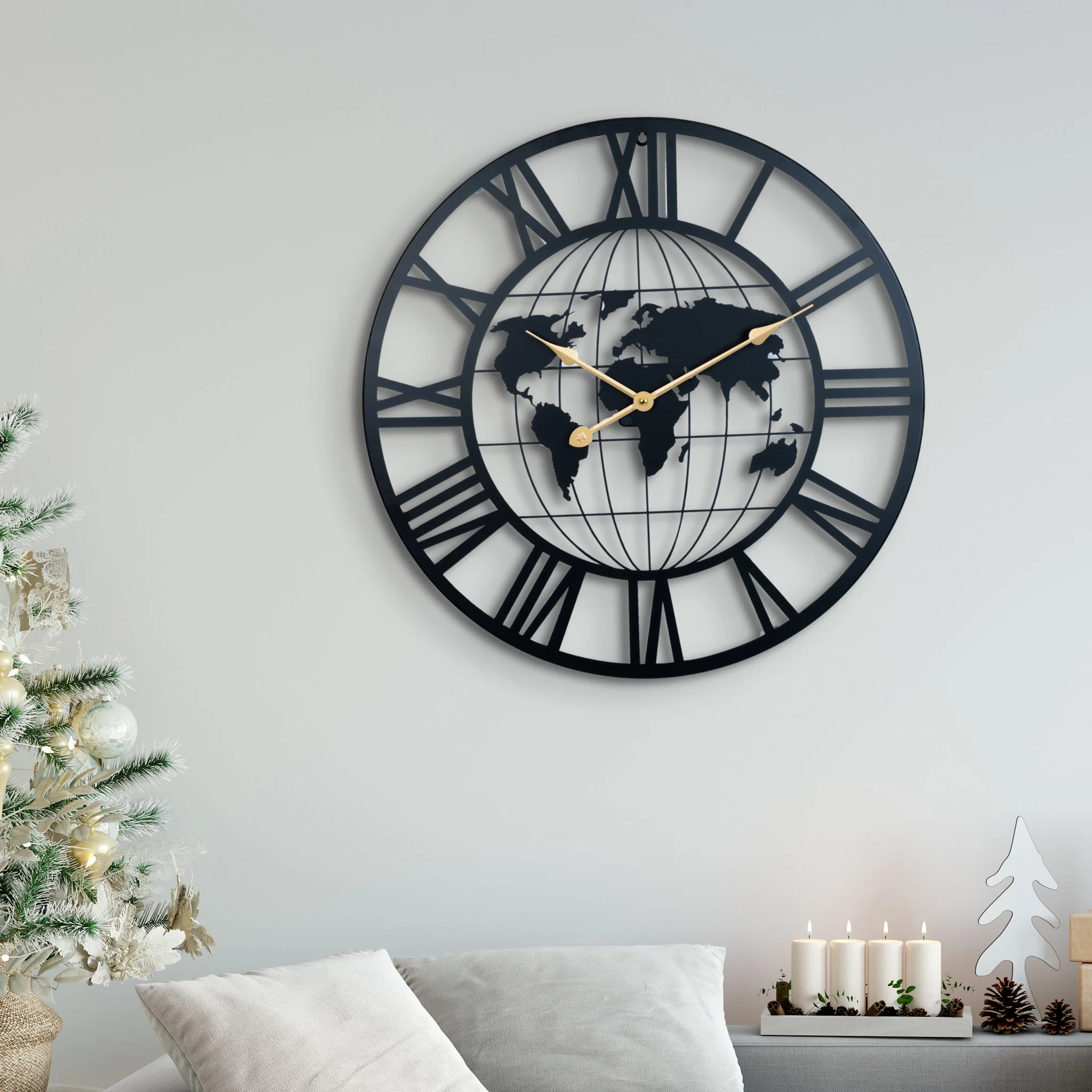 Round Metal Wall Clock, Black Embedded World Map, 24" Silent Roman Numeral Decorative Clock, Home Office Decor - Image 8