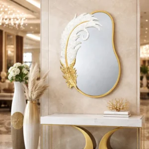 Decorative Metal Wall Mirror, Gold with White Feather, Glitter, 89 cm Asymmetrical Mirror Home Office Girl's Room Decor Gift