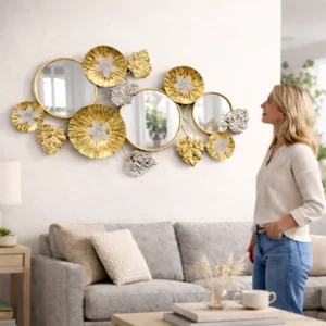 Large Gold Metal Wall Mirror, Wall Art Decor for Living Room, Office, Home, Entryway, Horizontal Vertical