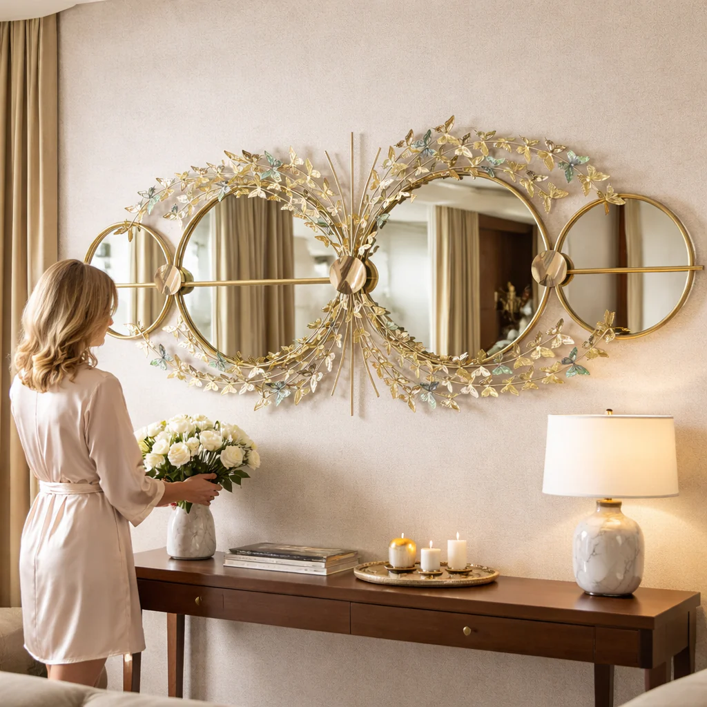 Large Decorative Butterfly Gold Metal Wall Mirror, Decorative Wall Art Home Office Living Room Entryway Decor