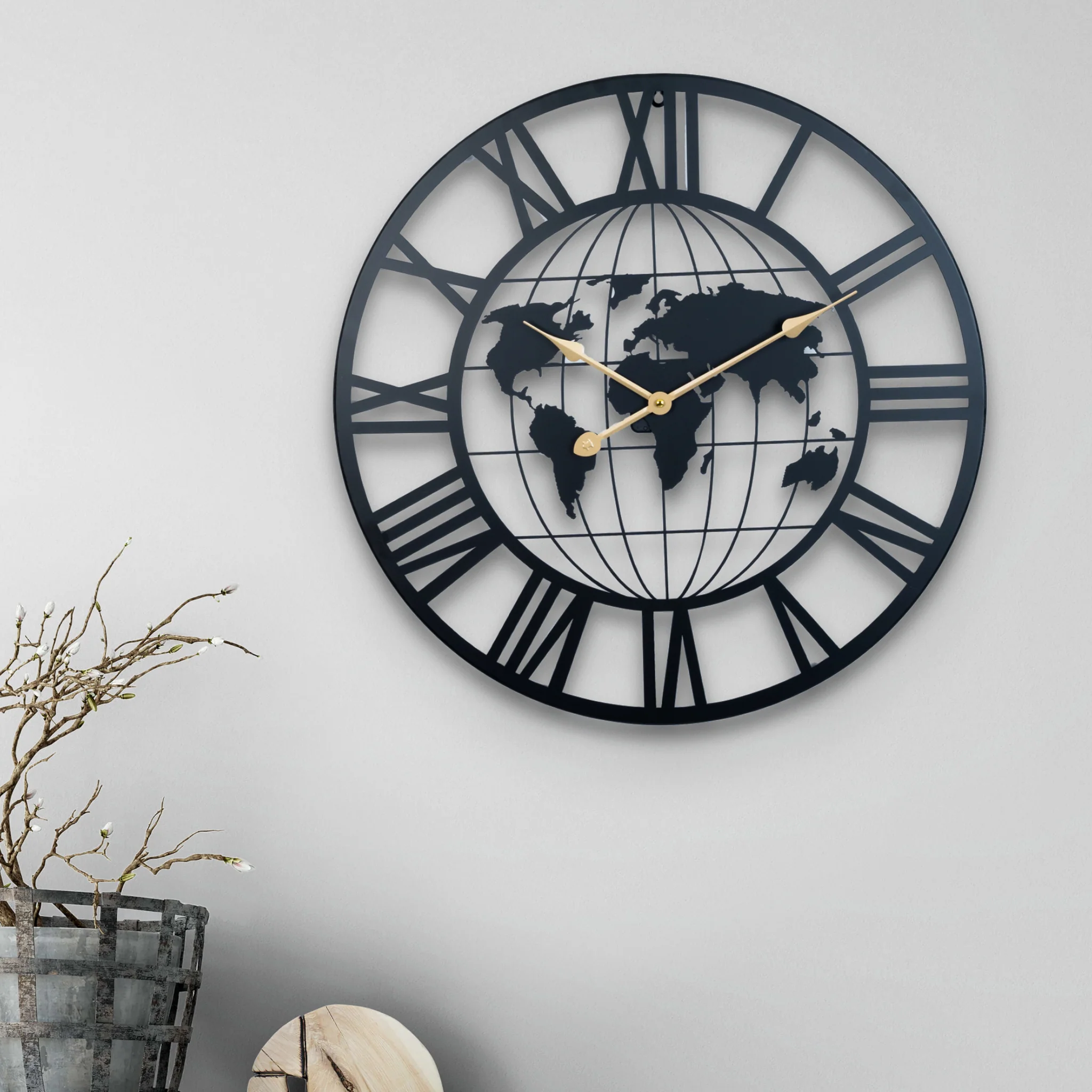 Round Metal Wall Clock, Black Embedded World Map, 24" Silent Roman Numeral Decorative Clock, Home Office Decor - Image 7